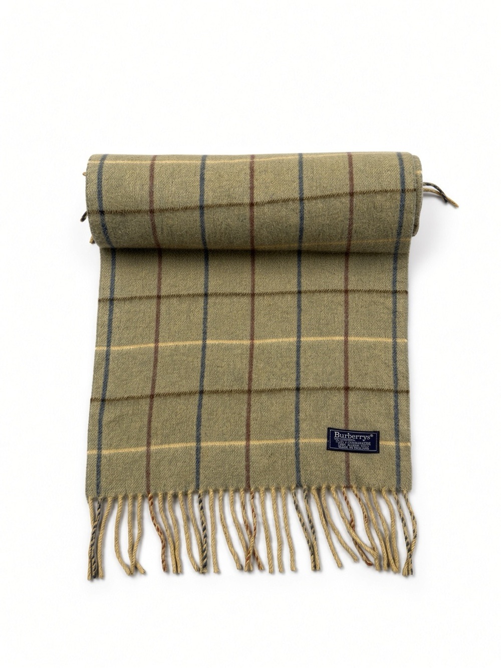 Vintage Burberrys 100% Cashmere Scarf Olive Green Check Made in England Fringe